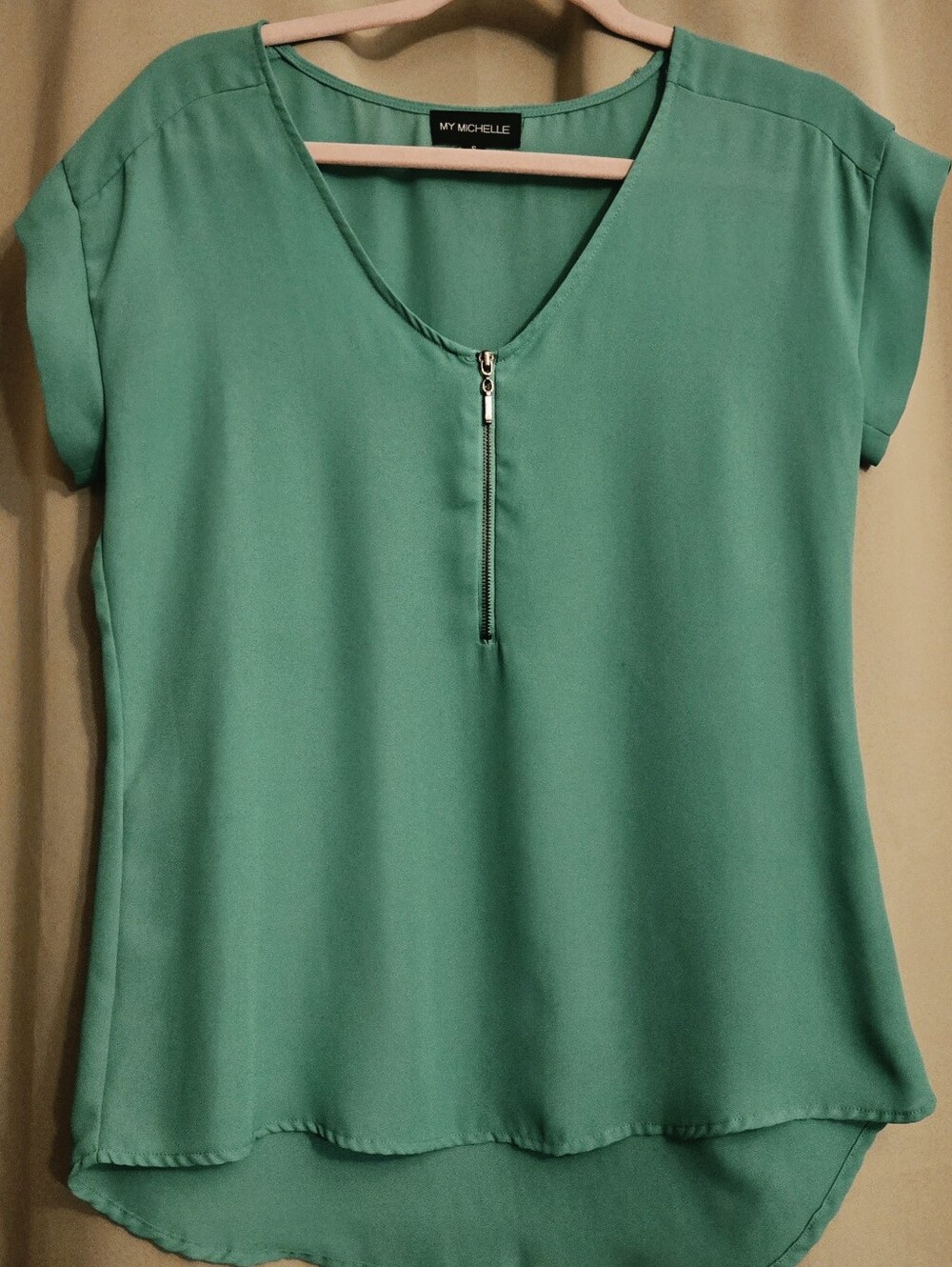 My Michelle Teal-Green Short Sleeve Zip-Front Blouse